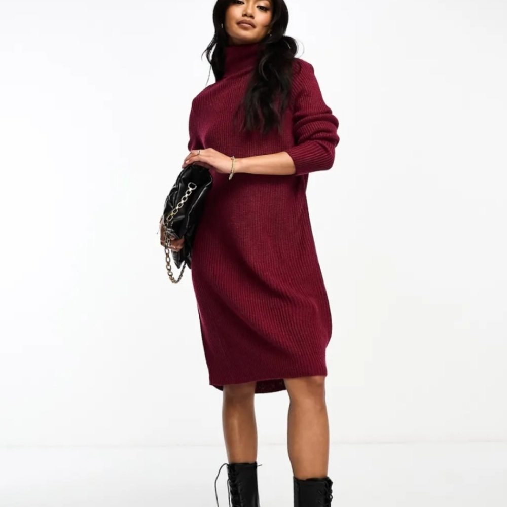 Vila High Neck Knit Midi Dress in Burgundy